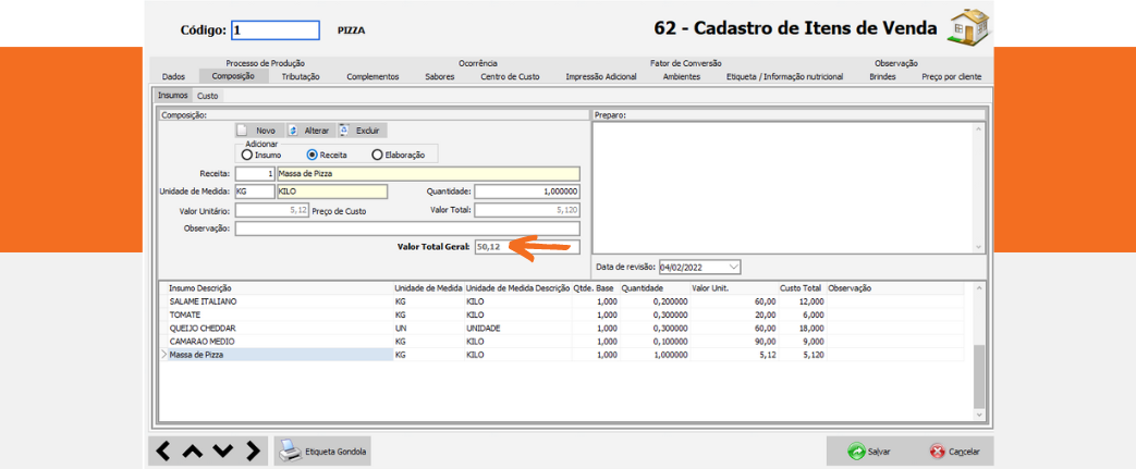 Cadastro de itens e composição